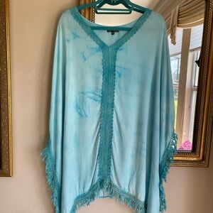 100% Soft Rayon Blue Tye Dye Fringed Poncho Style Boho Free Size Top